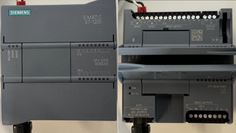 The controller in the image above is called a Programmable Logic Controller (PLC). You can see a very common model in Europe: the Siemens SIMATIC S7-1200. On the top you can see the digital and analog inputs, on the bottom the connection to the fieldbus as well as digital outputs.
