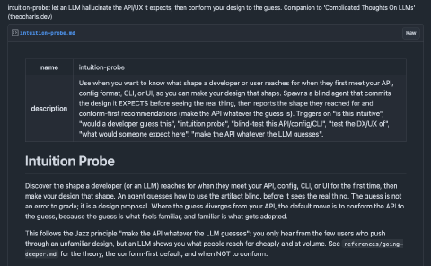 Screenshot of the intuition-probe skill on GitHub