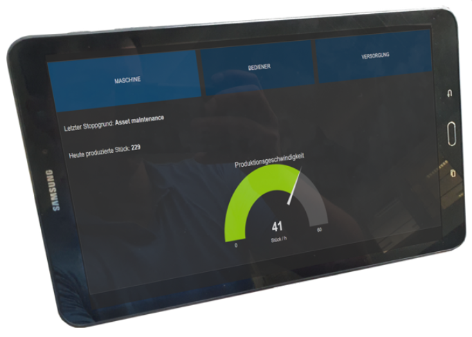 Example of a dashboard using Node-RED. It features a multi-level stop reason selection and the visualization of production speed.