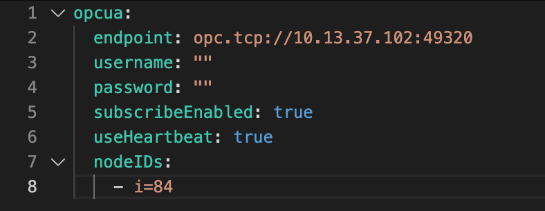 This is all that you need to configure to connect to an entire OPC UA server (in this case Kepware) to MQTT / Kafka / Unified Namespace